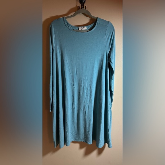 Zenana Long Sleeve Jersey Swing T-Shirt Dress with Side Pockets Dusty Teal XL - Picture 5 of 9